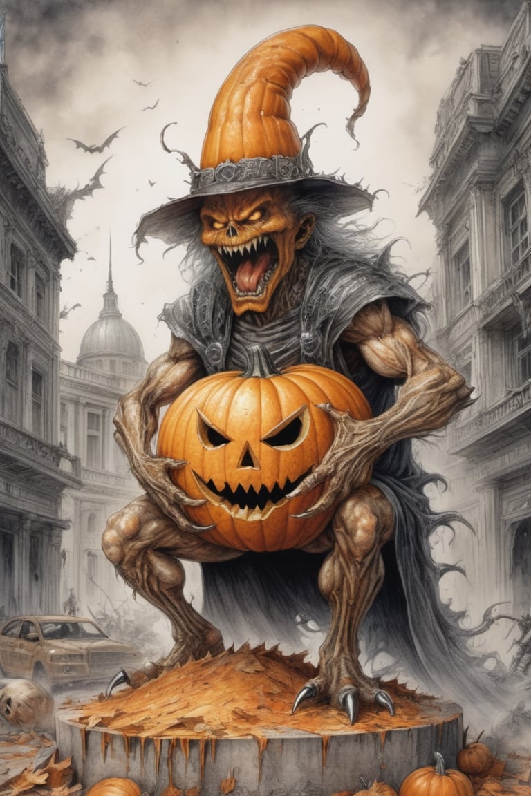 Pumpkin monster in a MAGA cap demolishing a presidential office.
(((Luis Royo style illustration, detailed background, fairytale, color pencil drawing)))