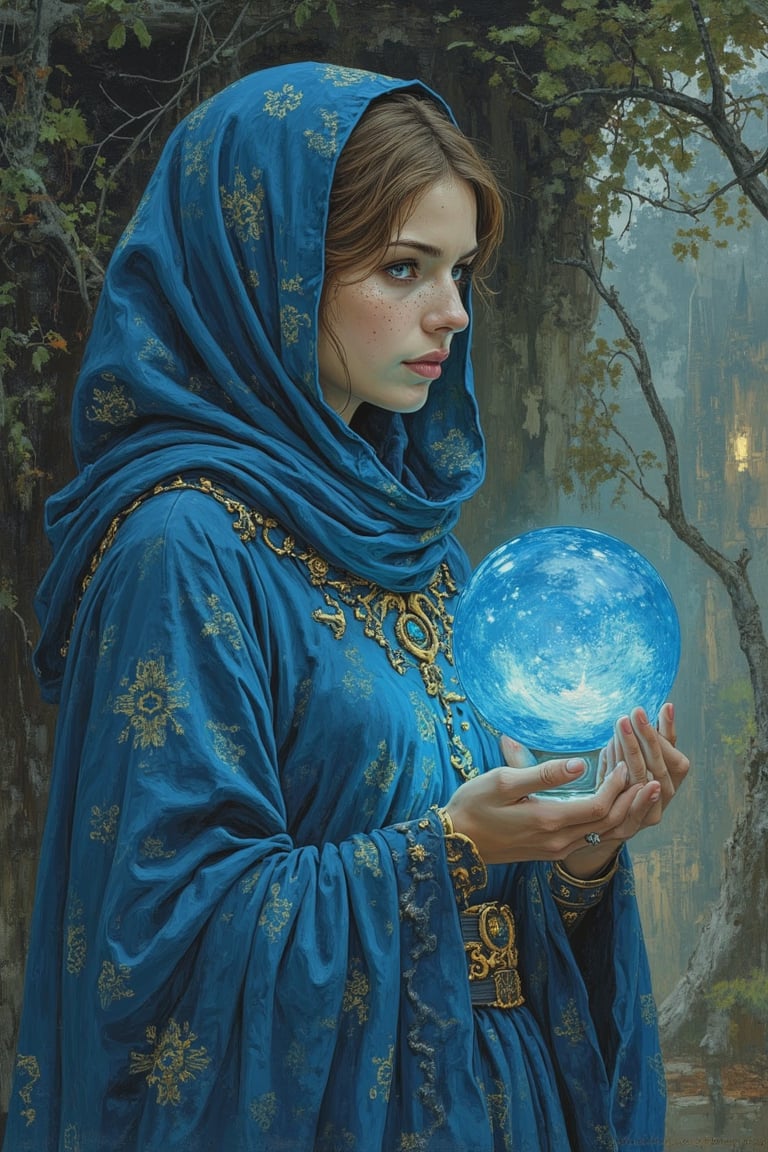  Luis Royo and Milo Manara detailed pastel illustration, Side view of a gorgeous priestess in blue robes carrying a blue glowing orb, blue mist, detailed background, fairytale, masterpiece, realistic, freckled, blue eyes