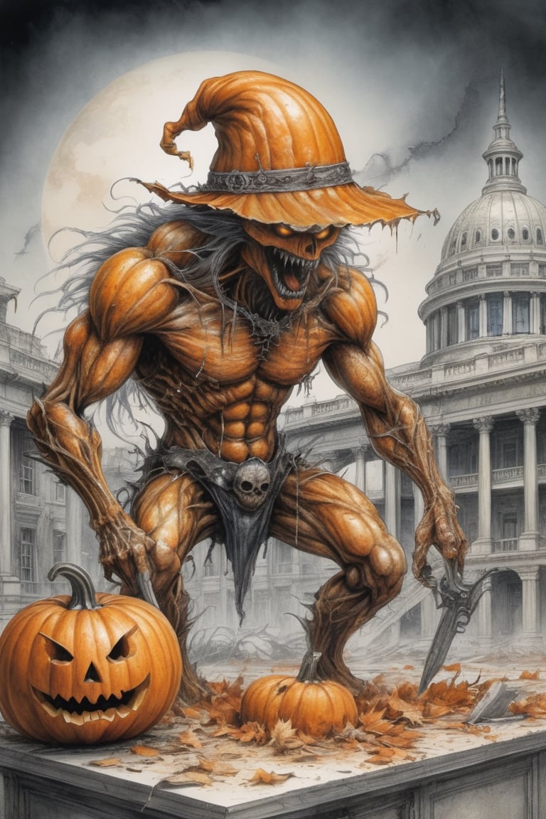 Pumpkin monster in a MAGA cap demolishing a presidential office.
(((Luis Royo style illustration, detailed background, fairytale, color pencil drawing)))