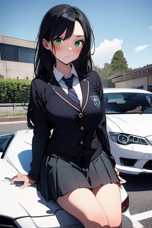 masterpiece, best quality, wallpaper, 1girl, green eyes, long hair, black hair, school_uniform, short skirt, looking at viewer, NicoRobinV3, 1car, sitting on car, sports car, 