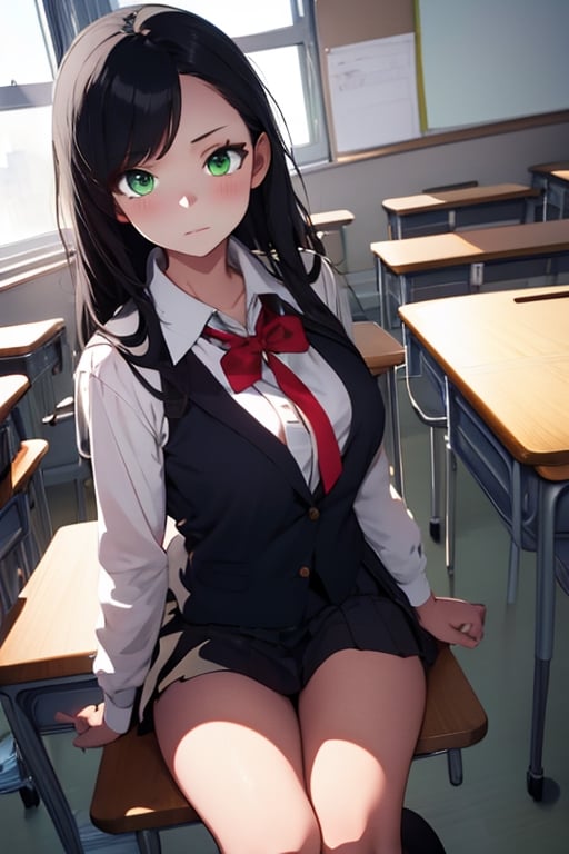 masterpiece, best quality, 1girl, green eyes, long hair, black hair, school_uniform, short skirt, looking at viewer, NicoRobinV3, class_room, 