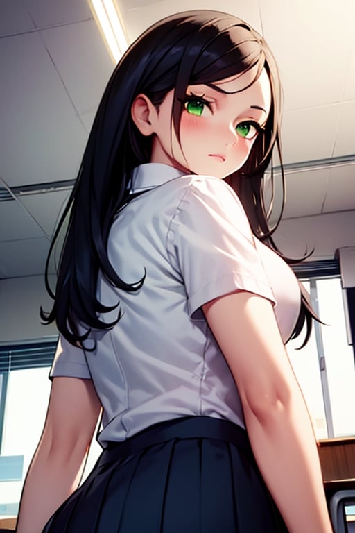 masterpiece, best quality, 1girl, green eyes, long hair, black hair, school_uniform, short skirt, looking at viewer, upper body, from below, looking back, NicoRobinV3, class_room, 