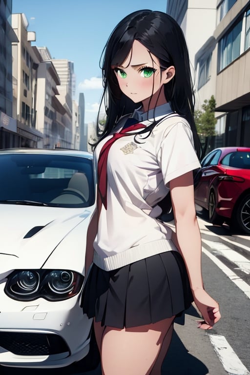 masterpiece, best quality, 1girl, green eyes, long hair, black hair, school_uniform, short skirt, looking at viewer, NicoRobinV3, 1car, sports car, city background 