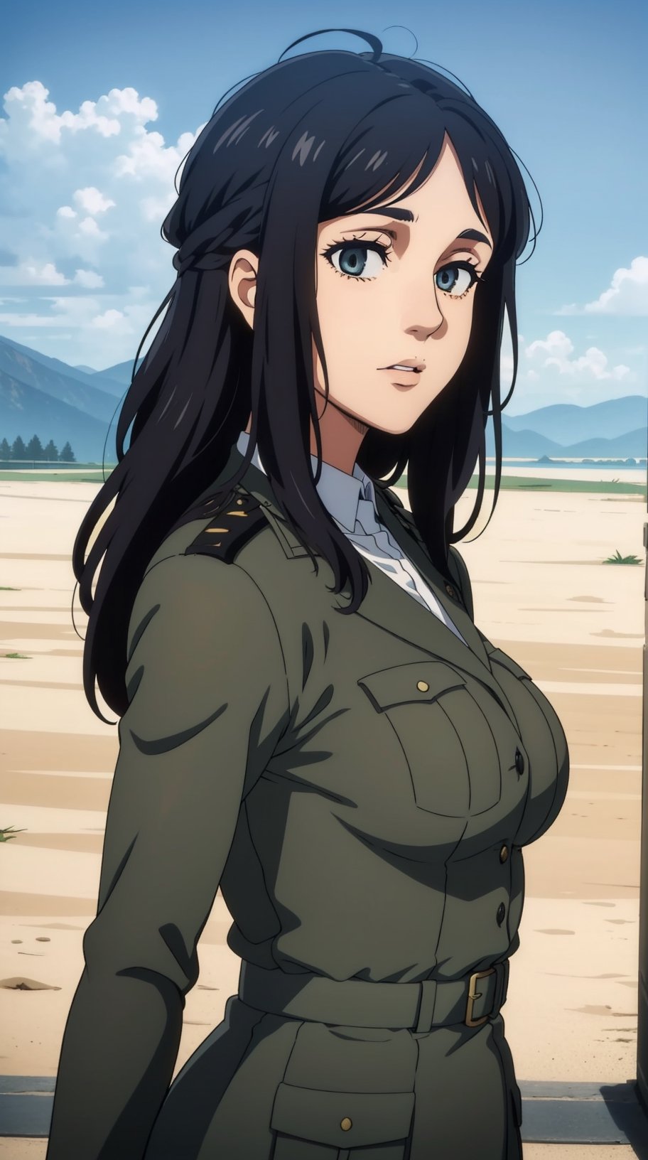  1girl, medium breast, look at me, half body shot, scenery, ,pieck finger, army dress