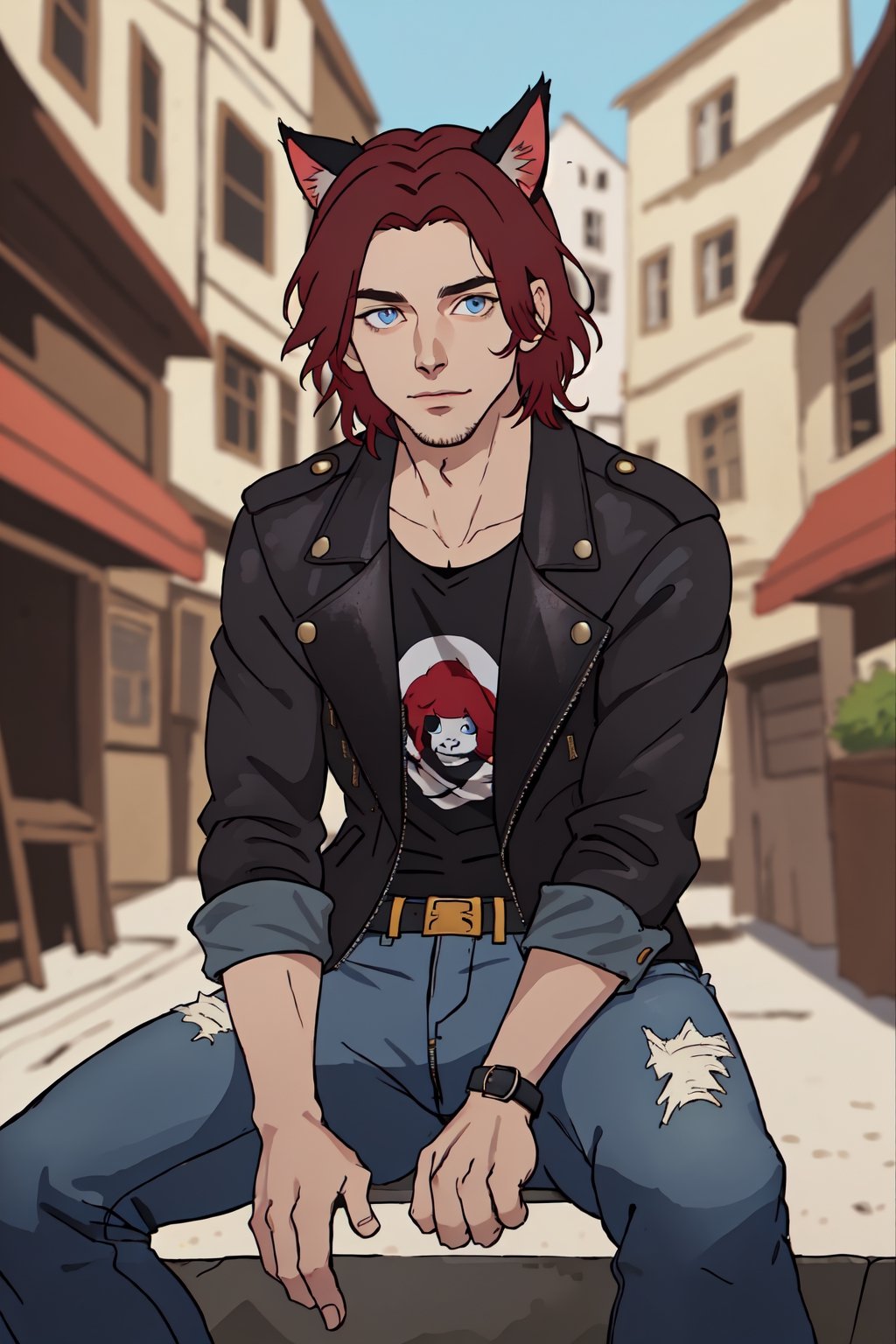 Chris_Xvoor,1boy,male focus,solo,looking at viewer,blue eyes,black hair,animal ears,sitting,jacket,red hair,outdoors,day,pants,cat ears,blurry,black jacket,torn clothes,blurry background,denim,jeans,leather,torn pants,leather jacket,torn jeans,denim jacket,upper body,specular highlights,detailed face,detailed eyes,detailed hair,textured hair,rim lighting,extreme light and shadow,masterpiece,official art,portrait