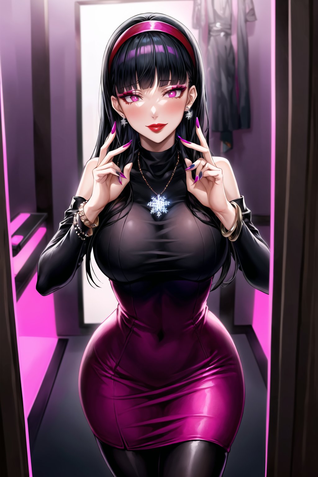 (adult), (solo),(best quality), (highly detailed), masterpiece, (official art), long hair, (black_hair), (blunt_bangs:1.4), (hime haircut), (himecut), (hime cut),  (jeweled hairband:1.3), (shiny hairband), black pantyhose, lips, (intricately detailed, hyperdetailed), (perfect hands), (beautiful hands), blurry background, depth of field, best quality, masterpiece, intricate details, tonemapping, sharp focus, hyper detailed, trending on Artstation, 1girl, (sole_female), high res, official art, more detail, masterpiece, best quality, highres, (night:1.3), (indoors),  (hideout), (dressing_room:1.4), (night_club), (nightclub), (club), (pink walls, pink lights), (dark), (blacklight), (cyberpunk), confused, (submissive_pose:1.3), (pink eyes), (glowing eyes), (mind_control), aayukiko, (fake smile:1.2), (expressionless_pupils), (blank pupils), (empty eyes), (snowflake_earrings), ((snowflake necklace)), (choker), (bracelet), (anklet), (lipstick), (makeup), (red lipstick), (red lips), (eyeshadow:1.3), (eyeliner), Mascara, (blush), high heel boots, turtleneck, (shiny dress), (diamond_cutout), (bodycon), (clothing_cutout), (shiny_clothing), (bodyconf), (pink dress), (bare_shoulders),  bracelet, (long_nails), nail polish, knee boots,b1mb0