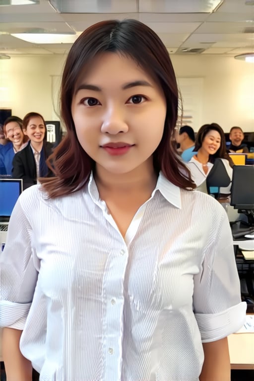 1 girl, naked_shirt,

in an office with many people