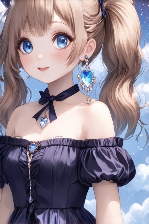 1 girl, solo, long hair, twin tail hairstyle, looking at viewer, blush, bangs, hair accessory, jewels, blue eyes, light brown wavy hair, ribbon, bow, earrings, medium bust, loli, off shoulder, gothic outfit, open lips, blurry, ((masterpiece)), excellent quality, light particles, fluffy clouds, hearts, ((stunning images: 1.3)), ((crystals in the air: 1)), detailed, detailed masterpiece, anime art style. , ek_real_b00ster, ek_ani_b00ster sexy