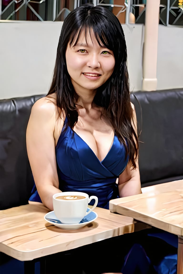 A beautiful young Japanese woman is sitting on the sofa seat of empty cafeteria , at tabel one  cup of hot latte. This woman's skin is quite tanned and covered with sweat,masterpiece,best quality,ultra detailed face,ultra detailed,4k,green eyes,green_eyes,Glow,Face,Neon dress sexy