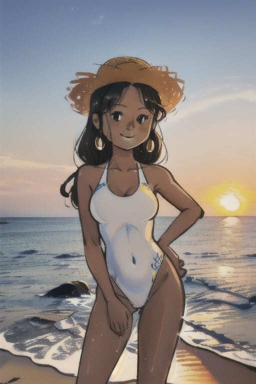 chibi, closeup picture, style parody, ((masterpiece,best quality)), absurdres, hmdmg1, woman, cute, solo, looking at viewer, cowboy shot, cinematic composition, contrapposto, eldmeisterog style ,sks style,rough_art, smiling, medium breasts, water, beach,sunset_scenery_background, one_piece_swimsuit, straw hat, very dark skin,  woman, sex