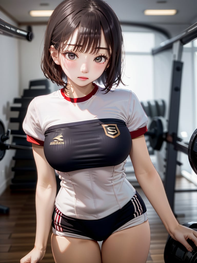 absurdres, highres, ultra detailed, (1girl:1.3),
BREAK 16 years old, japanese, black small eyes, black hair, bob cut, (gym uniform, red buruma, white shirt, short sleeves, thighs:1.3), indoors, locker room