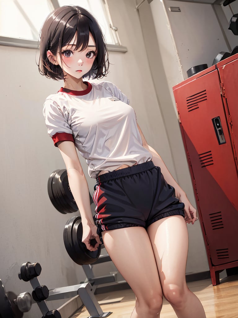 absurdres, highres, ultra detailed, (1girl:1.3), BREAK 16 years old, japanese, black small eyes, black hair, bob cut, (gym uniform, red buruma, white shirt, short sleeves, thighs:1.3), indoors, locker room, BRS0, full_body shot,