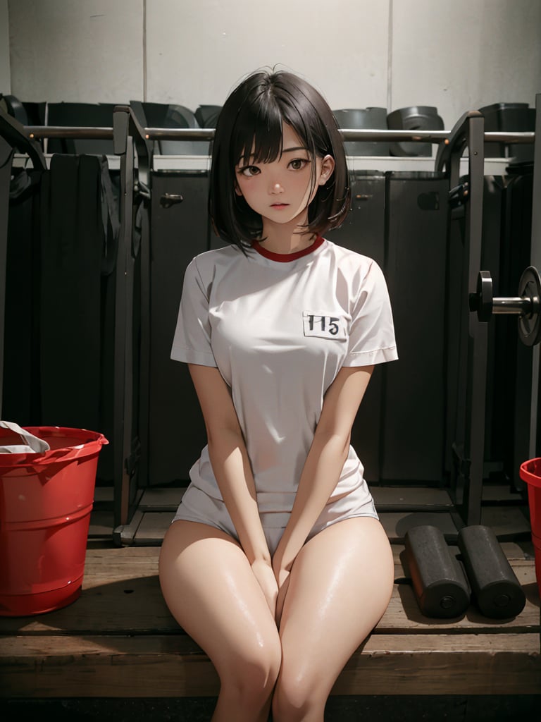 absurdres, highres, ultra detailed, (1girl:1.3), BREAK 16 years old, japanese, black small eyes, black hair, bob cut, (gym uniform, red buruma, white shirt, short sleeves, thighs:1.3), indoors, locker room,epiC35mm