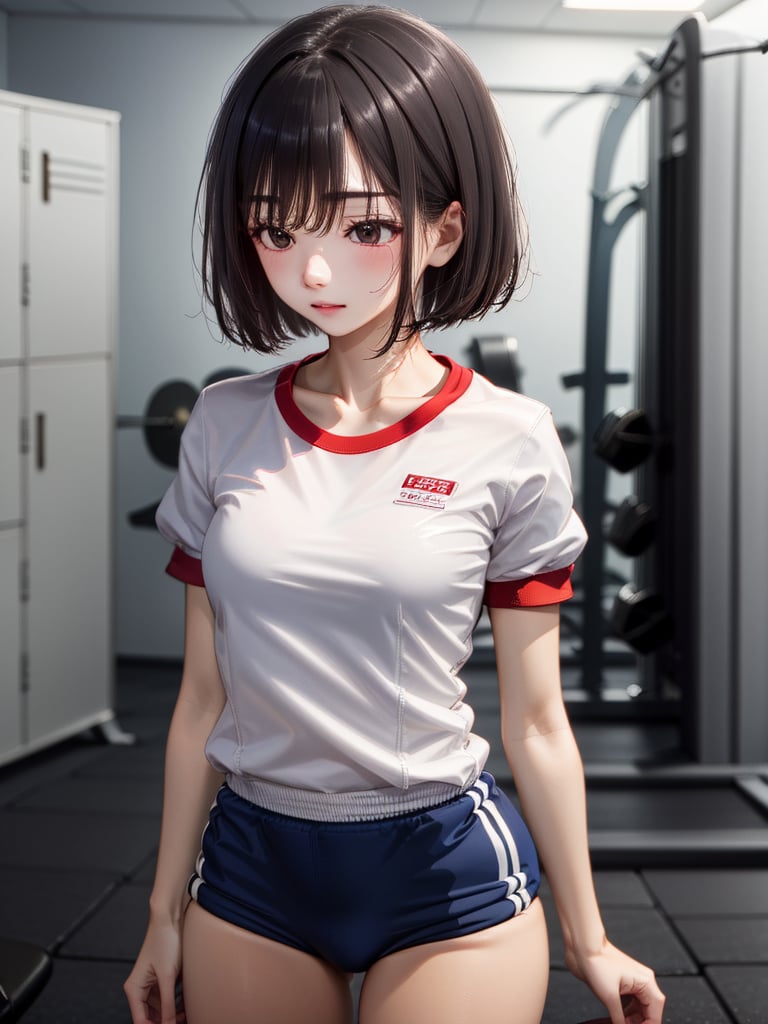 absurdres, highres, ultra detailed, (1girl:1.3),
BREAK 16 years old, japanese, black small eyes, black hair, bob cut, (gym uniform, red buruma, white shirt, short sleeves, thighs:1.3), indoors, locker room