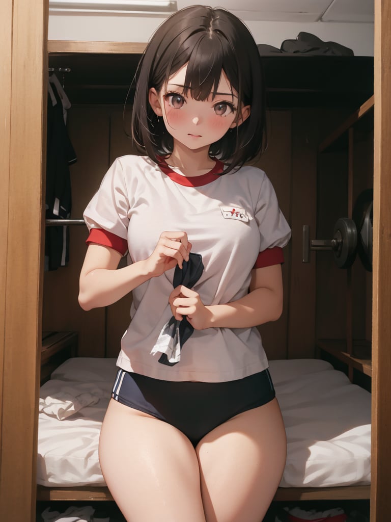 absurdres, highres, ultra detailed, (1girl:1.3), BREAK 16 years old, japanese, black small eyes, black hair, bob cut, (gym uniform, red buruma, white shirt, short sleeves, thighs:1.3), indoors, locker room,epiC35mm