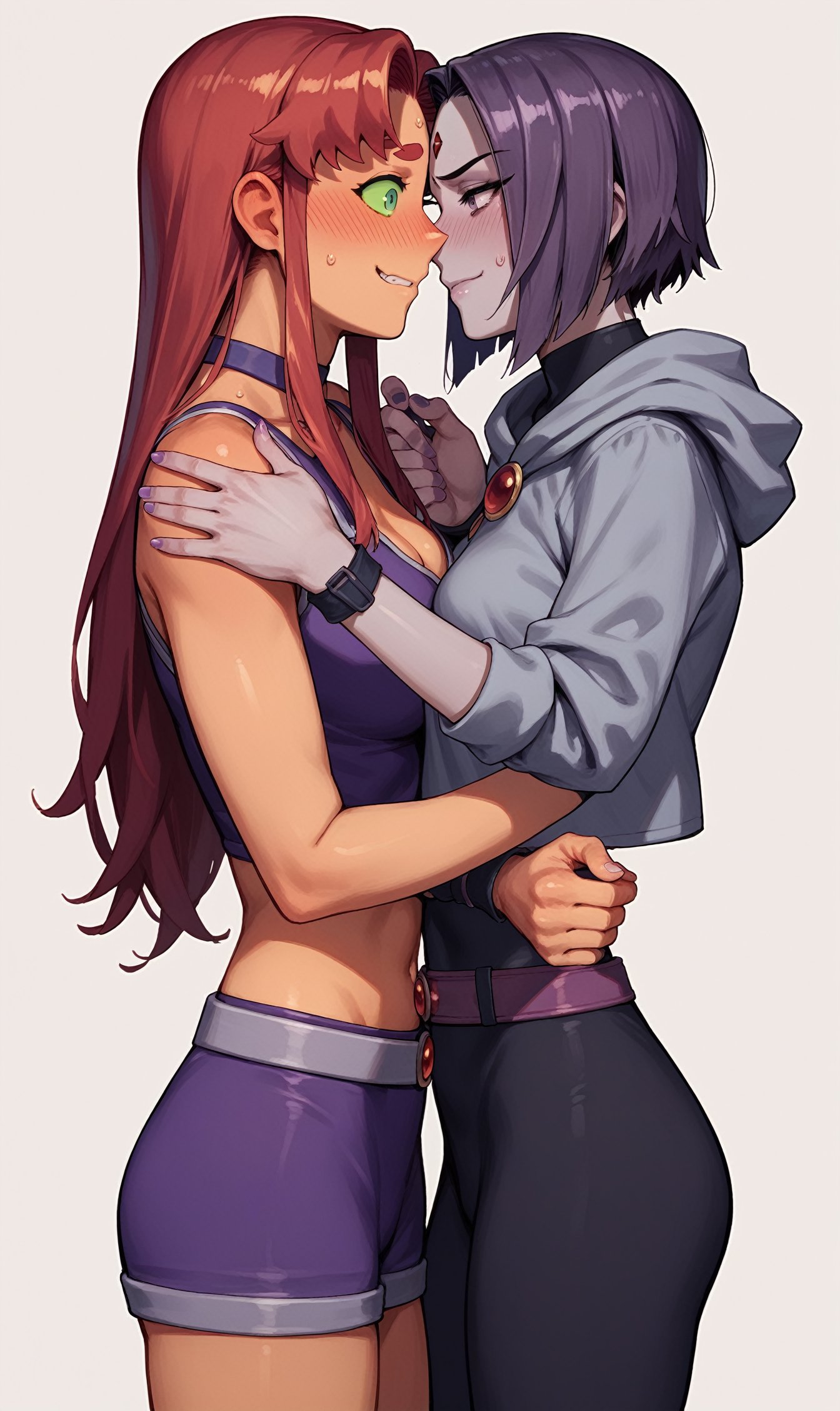 score_9, score_8_up, score_7_up, score_6_up, source_cartoon, source_anime,fdom_awall, yuri, 2girls, raven and starfire, about to kiss, nervous blush, confident smile, femdom, rating_questionable, wrist grab, , 