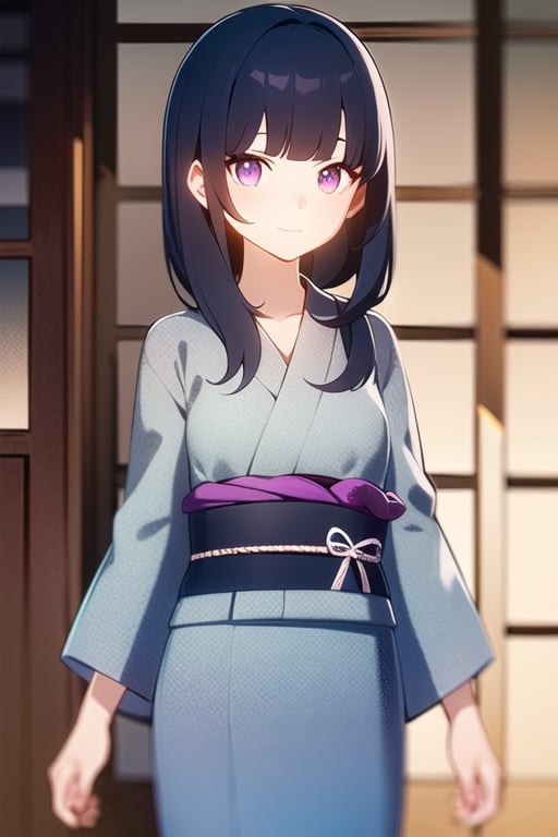 1girl, standing, Shoulder length hair, bang hair, dark blue hair, light pink eyes, round eyes, yukata