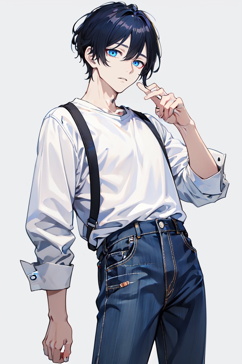 1boy, navy_hair, Two-Block, light_blue_eyes, white_shirt, denim_pants, darkcircle, pale_skin, simple_background