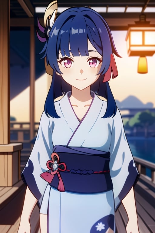 1girl, standing, Midium length hair, Straight hair, navy blue hair, light pink eyes, round eyes, smile face, yukata, Genshin Impact style,