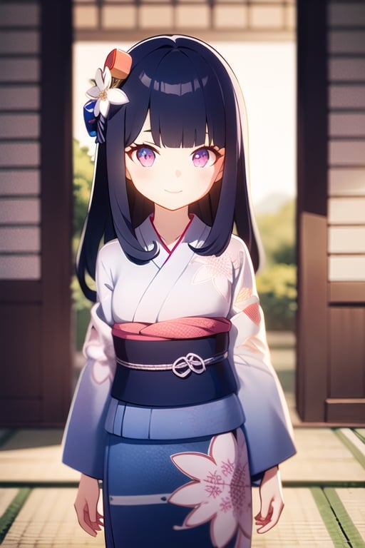 1girl, standing, Shoulder length hair, bang hair, dark blue hair, light pink eyes, round eyes, yukata