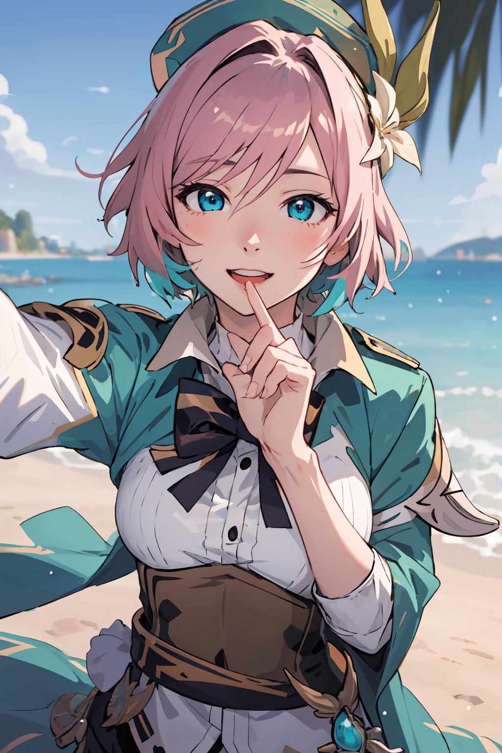 (semi realistic anime:1.6) masterpiece, horny face, excited, happy,  1girl, pink hair, short hair, blue eyes, lue hair, (instagram pose:1.1) (Selfie:1.1), medium_breasts, close-up,  cosplay  venti custon , venti, genshin_impact, medium shot, on japanese beach, anime style 4 k,  anime, best quality, ,riamu,ph_Mar,torino aqua,(genshin impact),