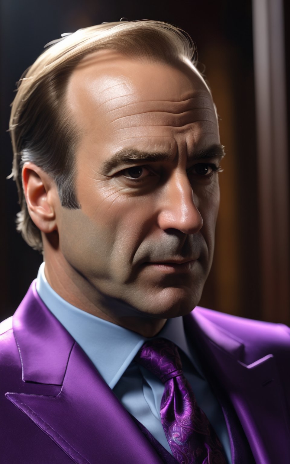 Bob Odenkirk is Saul Goodman from Better Call Saul, white  skin, uhd photorealisitc authentic psychotic angry madman wearing violet suit, shoulders, intricate details, vivid colors, frightening surroundings, correct details, in the style of amano, karol bak, akira toriyama, and greg rutkowski, perfect composition, beautiful detailed intricate insanely detailed octane render trending on artstation, 8 k artistic photography, photorealistic concept art, soft natural volumetric cinematic perfect light, chiaroscuro, award - winning photograph, masterpiece, oil on canvas, raphael, caravaggio, greg rutkowski, beeple, beksinski, giger, perfect composition, beautiful detailed intricate insanely detailed octane render trending on artstation, 8 k artistic photography, photorealistic concept art, soft natural volumetric cinematic perfect light, chiaroscuro, award - winning photograph, masterpiece, oil on canvas, raphael, caravaggio, greg rutkowski, beeple, beksinski, giger