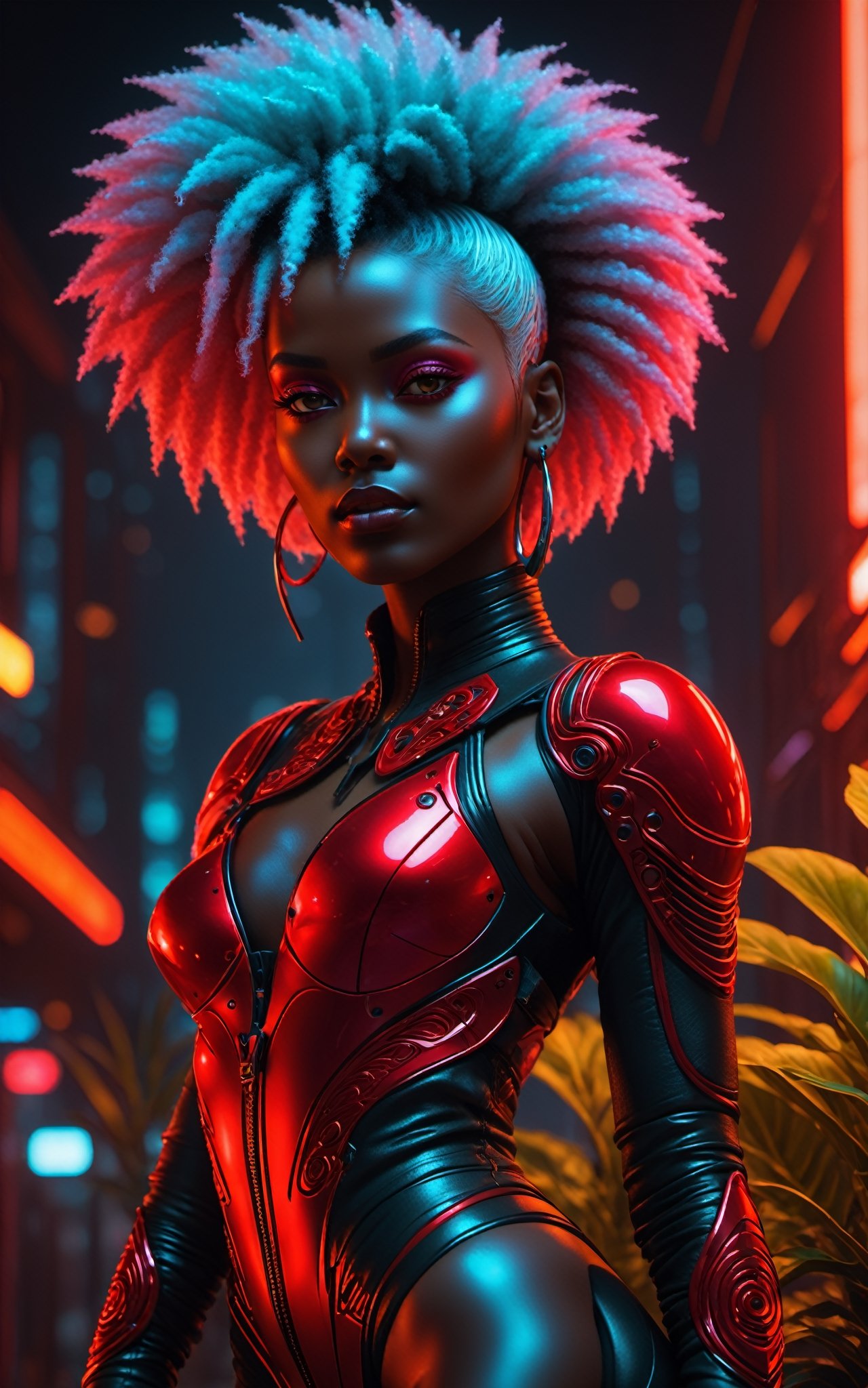 (dinamic pose), (masterpiece:1.1), ultra details on face, ((cyberpunk)) The camera is shooting of a full body afro woman with short white hair in a relaxed posture, face seriously. (Street on the city), (She's outside:1.2), (pore skin:0.5). She wears a black leather jumpsuit with glowing cybernetic implants, latex, (red suit:1.6), (dramatic lighting:1.2), (perfect fingers:1.4), (8k), (masterpiece), (best quality),(extremely intricate), (realistic), (sharp focus), (award winning), (cinematic lighting), (extremely detailed), (HD), (face detail), (good anatomy),EpicArt, epic sky,neon, (dark skin:1), (black skin:1),EpicArt, (epic sky:1.1) ,neon,perfect fingers,Movie Still,F41Arm0rXL,(highest quality:1.1), (HDR:1.0), extreme quality, cg, (negative space), detailed face+eyes, 1girl, (plants:1.18), (fractal art), (bright colors), beautifull background, complimentary colors, neon, limited palette, synthwave, afro, dark skin, tan skin, full body, (black and red:1.2), time stop, sy3, SMM,detailmaster2, ultra details on face, 