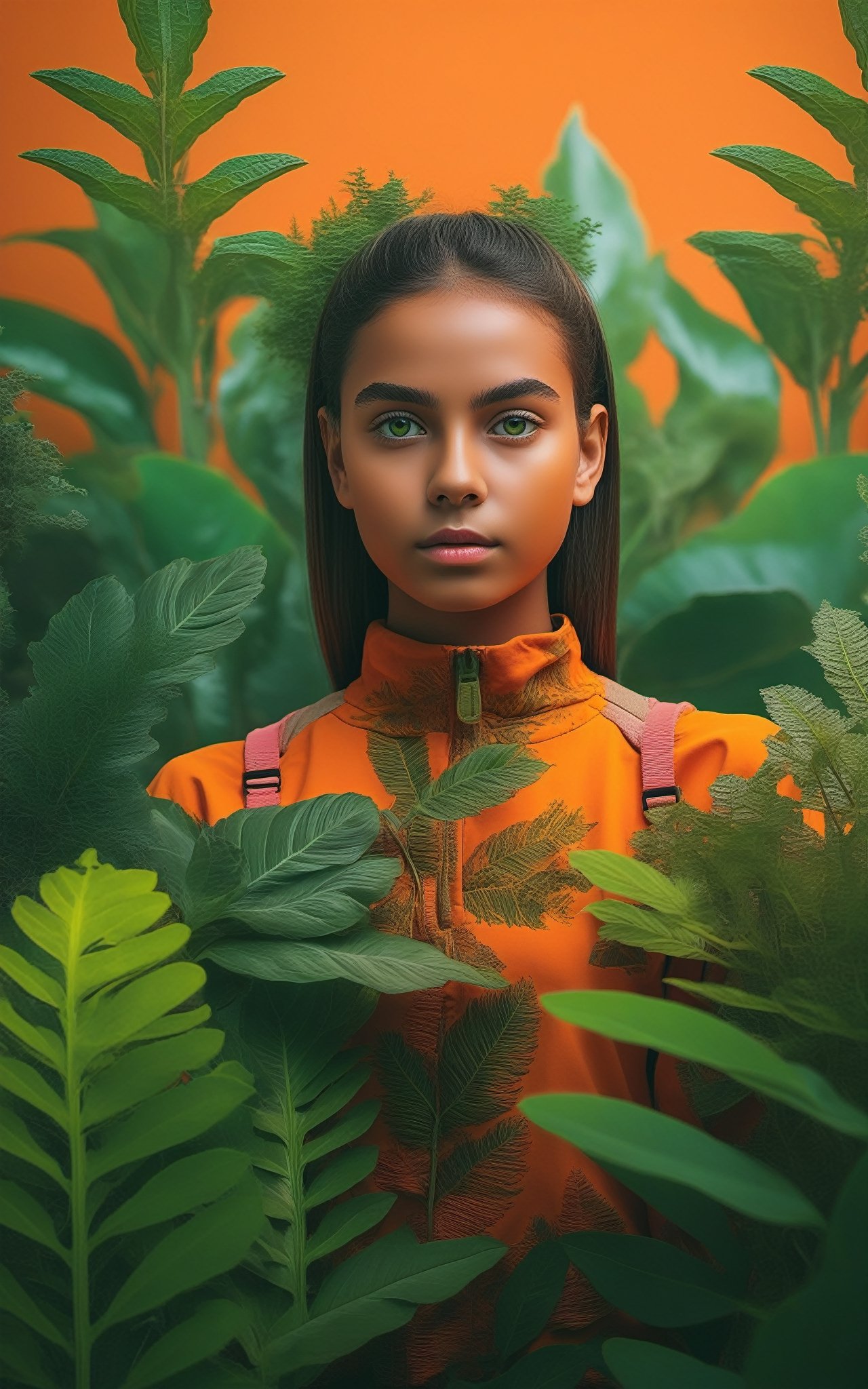 Fullbody shot of girl looking of camera, (masterpiece:1.1), (highest quality:1.1), (HDR:1.0), extreme quality, cg, (negative space), detailed face+eyes, 1girl, (plants:1.18), (fractal art), (bright colors), beautifull background, complimentary colors, neon, limited palette, synthwave, tan skin, full body, (green and orange:1.2), time stop, sy3, SMM,detailmaster2,photo r3al