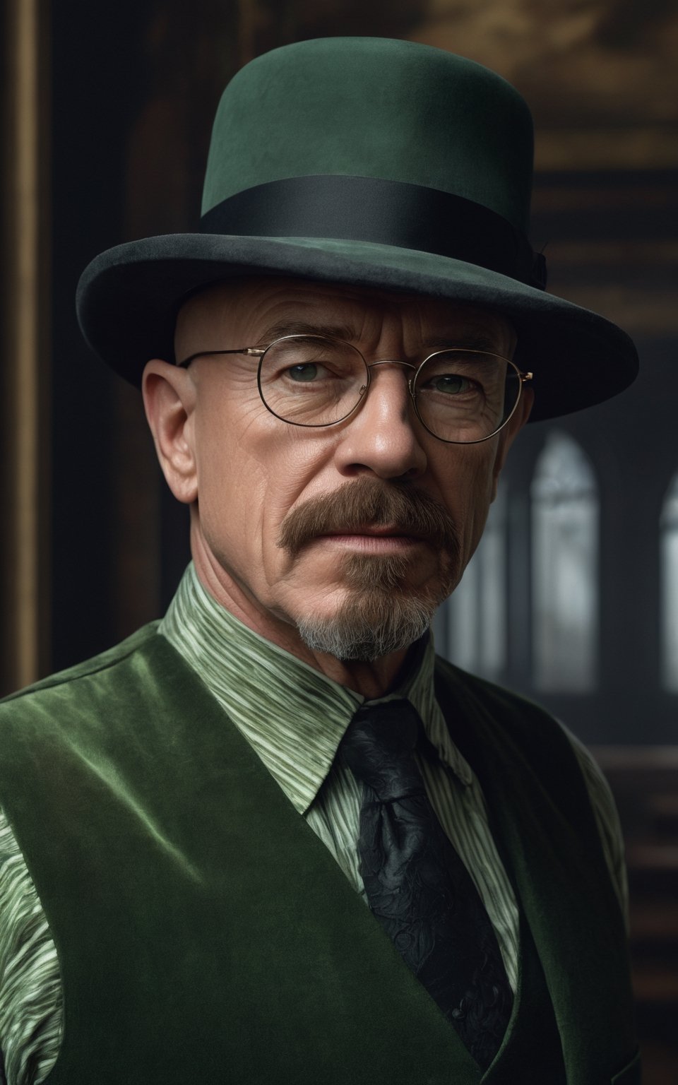 Bryan Cranston is Walter White from Breaking Bad, white skin, uhd photorealisitc authentic psychotic angry madman Dressed in rounded silver glasses, a pear-shaped beard and short mustaches, he is bald and wears a low black hat and he has a dark green striped shirt and a dark brown corduroy vest., (cinematic beige and light green), shoulders, intricate details, vivid colors, frightening surroundings, correct details, in the style of amano, karol bak, akira toriyama, and greg rutkowski, perfect composition, beautiful detailed intricate insanely detailed octane render trending on artstation, 8 k artistic photography, photorealistic concept art, soft natural volumetric cinematic perfect light, chiaroscuro, award - winning photograph, masterpiece, oil on canvas, raphael, caravaggio, greg rutkowski, beeple, beksinski, giger, perfect composition, beautiful detailed intricate insanely detailed octane render trending on artstation, 8 k artistic photography, photorealistic concept art, soft natural volumetric cinematic perfect light, chiaroscuro, award - winning photograph, masterpiece, oil on canvas, raphael, caravaggio, greg rutkowski, beeple, beksinski, giger,photo r3al