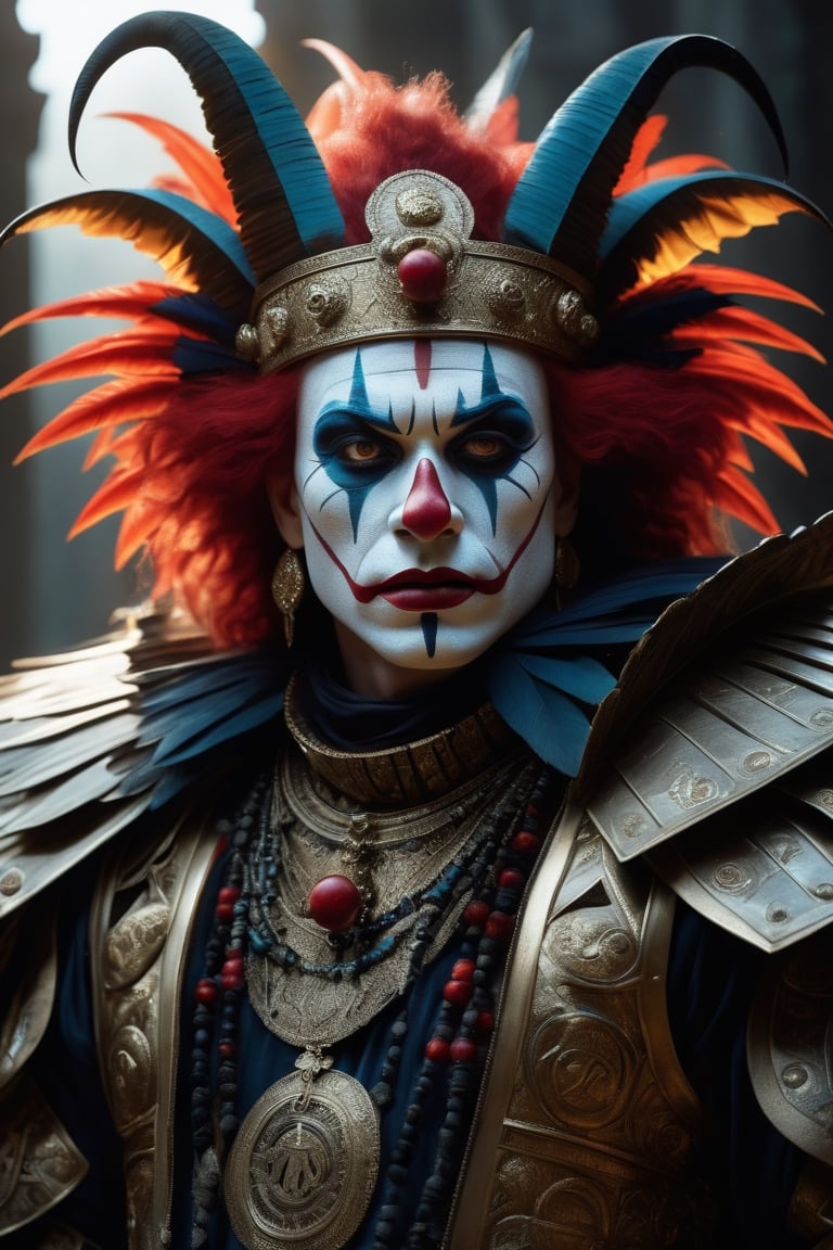 Jerjes of the 300 Film, King of Kings, uhd photorealisitc authentic psychotic angry madman wearing ornate clown costume and intricate voodoo makeup, shoulders, intricate details, vivid colors, frightening surroundings, correct details, in the style of amano, karol bak, akira toriyama, and greg rutkowski, perfect composition, beautiful detailed intricate insanely detailed octane render trending on artstation, 8 k artistic photography, photorealistic concept art, soft natural volumetric cinematic perfect light, chiaroscuro, award - winning photograph, masterpiece, oil on canvas, raphael, caravaggio, greg rutkowski, beeple, beksinski, giger, perfect composition, beautiful detailed intricate insanely detailed octane render trending on artstation, 8 k artistic photography, photorealistic concept art, soft natural volumetric cinematic perfect light, chiaroscuro, award - winning photograph, masterpiece, oil on canvas, raphael, caravaggio, greg rutkowski, beeple, beksinski, giger