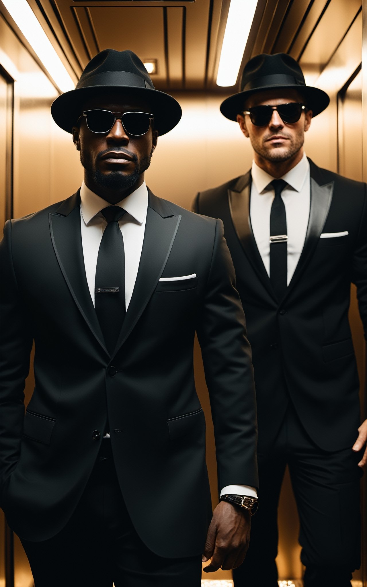 (dinamic pose), (masterpiece:1.1), ultra details on face, a full length image of two agents, a African and a Caucasian man´s, standing in a ascensor. ((black suit:1.2)). The agents wear the classic black and white suit and tie, with a black fedora hat and sunglasses, viewer with a serious expression. (The elevator is brightly lit:1.2), (white ascensor:1.3), (pore skin:0.5), (extreme cinematics illumination:1.5), (perfect fingers:1.4), (8k), (best quality),(extremely intricate), (realistic), (sharp focus:1), (award winning), (extremely detailed), (HD), (face detail), (good anatomy),(epic style),perfect fingers,Movie Still,(highest quality:1.1), (HDR:1.0), extreme quality, cg, (negative space), detailed face+eyes, limited palette, synthwave, full body, time stop,detailmaster2, ((dark tones background))
