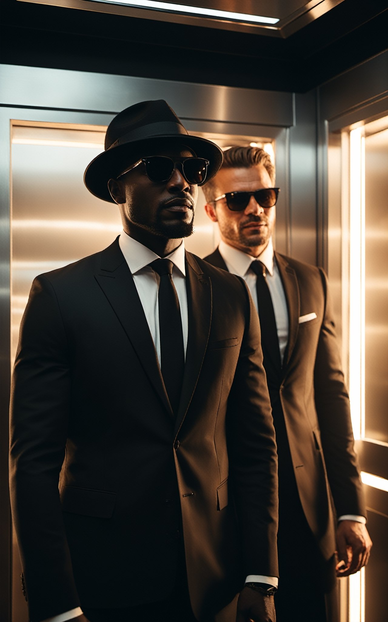 (dinamic pose), (masterpiece:1.1), ultra details on face, a full length image of two agents, a African and a Caucasian man´s, standing in a ascensor. ((black suit:1.2)). The agents wear the classic black and white suit and tie, with a black fedora hat and sunglasses, viewer with a serious expression. (The elevator is brightly lit:1.2), (white ascensor:1.3), (pore skin:0.5), (extreme cinematics illumination:1.5), (perfect fingers:1.4), (8k), (best quality),(extremely intricate), (realistic), (sharp focus:1), (award winning), (extremely detailed), (HD), (face detail), (good anatomy),(epic style),perfect fingers,Movie Still,(highest quality:1.1), (HDR:1.0), extreme quality, cg, (negative space), detailed face+eyes, limited palette, synthwave, full body, time stop,detailmaster2, ((dark tones background))
