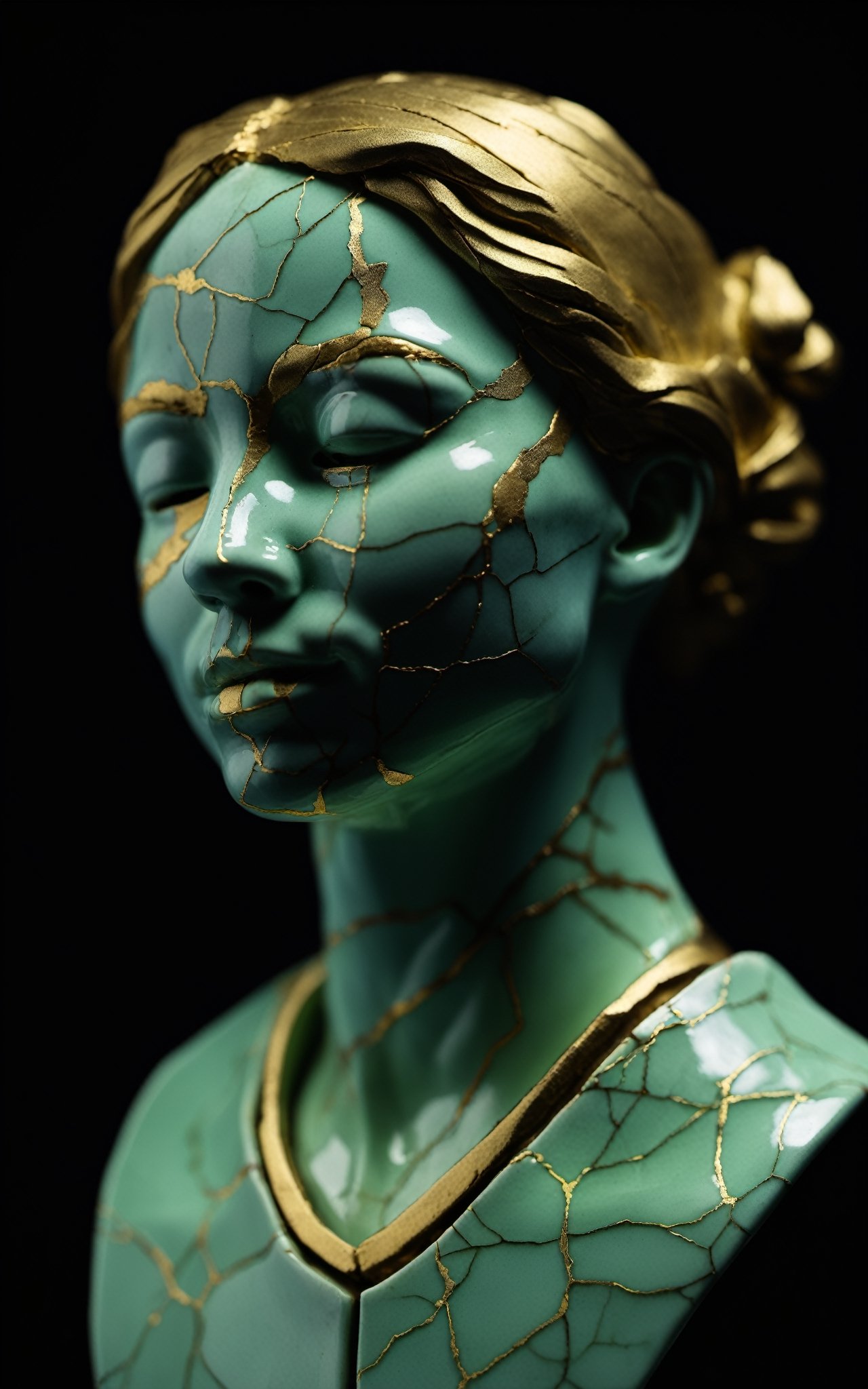 A Meeseeks (Kintsugi Ceramic Busts on the place:1.3),  (light green skin), ultra realistic, 8k, HD, Photography, Shadow lighting, (black background:1),(cinematic dark lighting:1.4), (small sculpture:1.5), (kintsugi style), (Beautifull colours), (broken:1.3), (green:1), sharp focus, 
