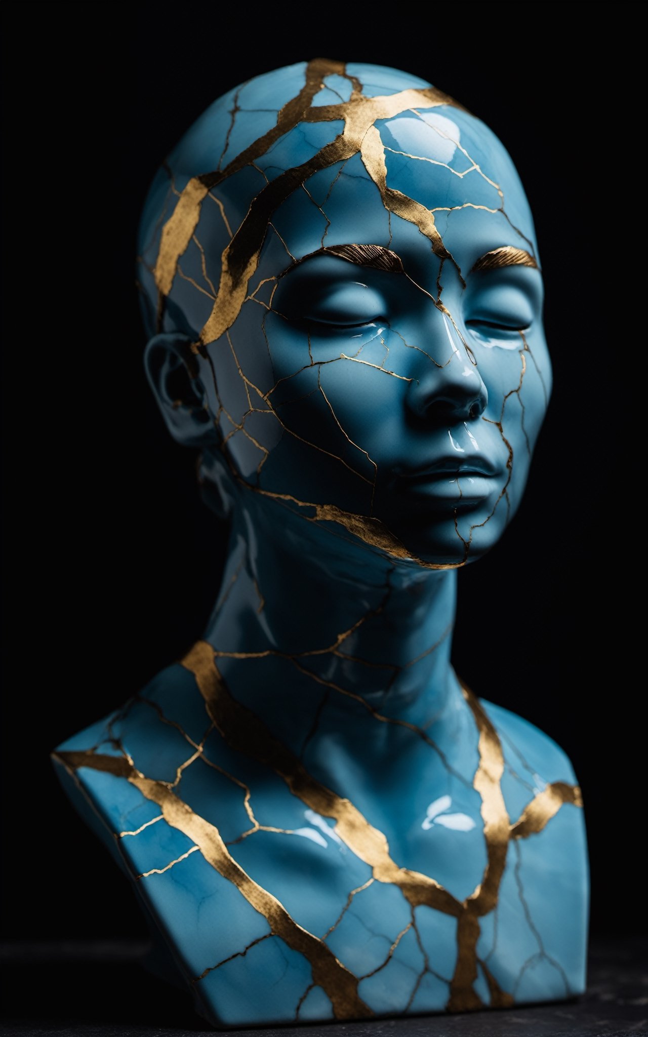 A Meeseeks (Kintsugi Ceramic Busts on the place:1.3),  (light blue skin), ultra realistic, 8k, HD, Photography, Shadow lighting, (black background:1),(cinematic dark lighting:1.4), (small sculpture:1.5), (kintsugi style), (Beautifull colours), (broken:1.3), sharp focus, 
