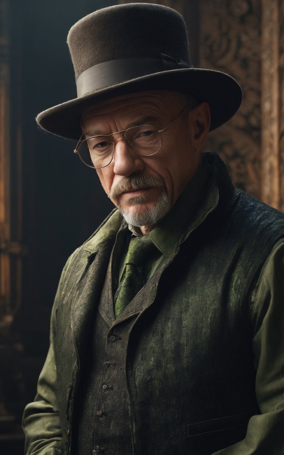 Bryan Cranston is Walter White from Breaking Bad, white skin, uhd photorealisitc authentic psychotic angry madman Dressed in rounded silver glasses, a pear-shaped beard and short mustaches, he is bald and wears a low black hat and he has a dark green striped shirt and a dark brown corduroy vest., (cinematic beige and light green), shoulders, intricate details, vivid colors, frightening surroundings, correct details, in the style of amano, karol bak, akira toriyama, and greg rutkowski, perfect composition, beautiful detailed intricate insanely detailed octane render trending on artstation, 8 k artistic photography, photorealistic concept art, soft natural volumetric cinematic perfect light, chiaroscuro, award - winning photograph, masterpiece, oil on canvas, raphael, caravaggio, greg rutkowski, beeple, beksinski, giger, perfect composition, beautiful detailed intricate insanely detailed octane render trending on artstation, 8 k artistic photography, photorealistic concept art, soft natural volumetric cinematic perfect light, chiaroscuro, award - winning photograph, masterpiece, oil on canvas, raphael, caravaggio, greg rutkowski, beeple, beksinski, giger,photo r3al