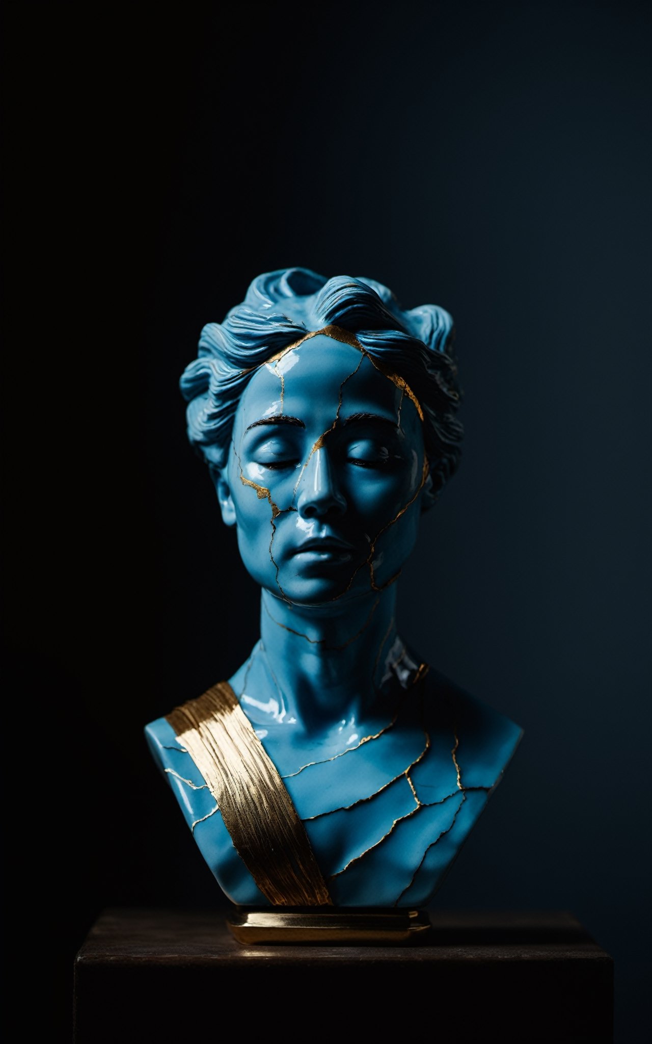 A Meeseeks (Kintsugi Ceramic Busts on the place:1.3),  (light blue skin), ultra realistic, 8k, HD, Photography, Shadow lighting, (black background:1),(cinematic dark lighting:1.4), (small sculpture:1.5), (kintsugi style), (Beautifull colours), (broken:1.3), sharp focus, 
