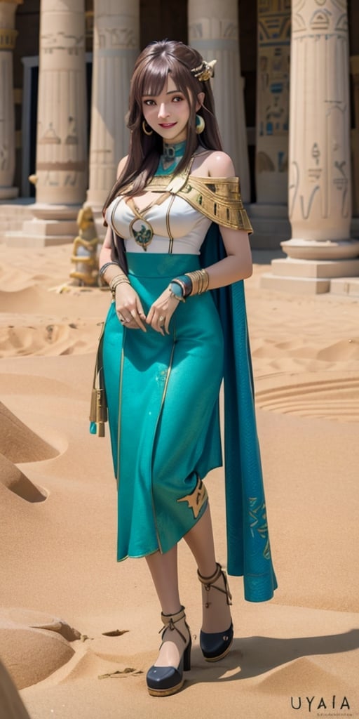 masterpiece, ultra hd, 8k, hdr, dynamic, broen eyes, nice smile, hyper-realistic, detailed background, finely detailed body, big boobs, full body, 1 girl, very long hairstyle, (brown hair color: 1.2), (bright eyes: 1.1), | symmetrical crown, egyptian, egyptian clothing, egyptian goddess, egypt, hecate, perfect eyes, detailed face, detailed eyes, glowing_yellow_runes, dessert, sand, earrings, bare shoulders,asuna yuuki,bul4n
,egypt,long hair,bul4n