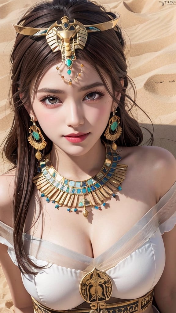 masterpiece, ultra hd, 8k, hdr, dynamic, broen eyes, nice smile, hyper-realistic, detailed background, finely detailed body, big boobs, full body, 1 girl, very long hairstyle, (brown hair color: 1.2), (bright eyes: 1.1), | symmetrical crown, egyptian, egyptian clothing, egyptian goddess, egypt, hecate, perfect eyes, detailed face, detailed eyes, glowing_yellow_runes, dessert, sand, earrings, bare shoulders,asuna yuuki,bul4n,egypt,long hair