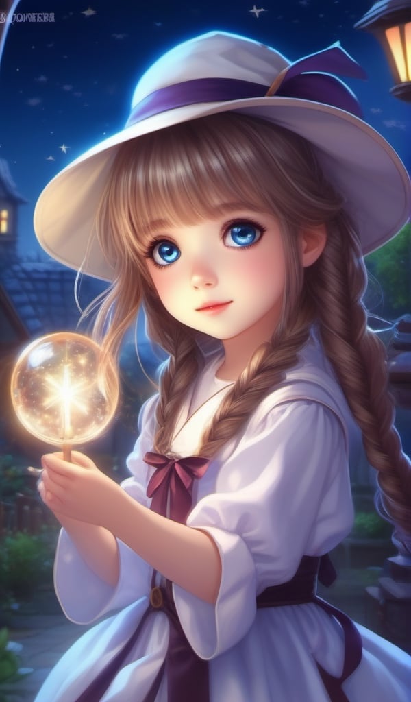 (10year old girl:1.5)), complete anatomy, children's body, child, super cute, girl, little girl, random poses,random angles, A composition that captures the whole body, magic wand, zero sauce art, loli, detailed fan art, witch girl, splash art anime loli, bright witch, official artwork, witch hatcommission, Cheerful,official fan art, cute art style, best quality, extreme light and shadow, loli, bright colors, high contrast, strong visual impact,night,((long braid hairstyle)), white boots, brown robe, white skirt, night view,bouncing hair,Put magic power into the magic wand, beautiful girl, 1 girl, loli, petite girl, top quality, masterpiece, high eyes,drooping eyes,(realism: 1.2)), petite, bangs, tall eyes, natural light,(Blue eyes),bangs, beautiful girl with fine details, Beautiful and delicate eyes, Beautiful girl, detailed face, Beautiful eyes, beautiful shining body, 8K images,detailmaster2