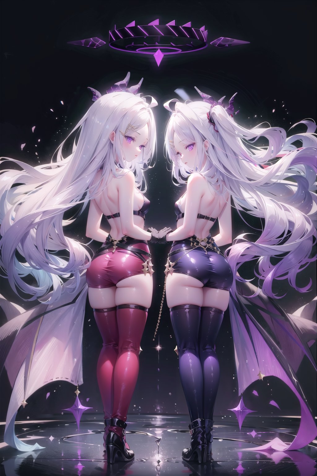 2 girls, Hina blue archiv, halo, 16 years old, (((flat breasts))), (((purple eyes))), (((pale lavender hair))),hair ornaments, long wavy hair, tied with a black red ribbon, with dark black extended horns adorned with purple cracks bright
\(blue archive\), 2 girls, long hair, ahoge, sidelocks, halo, demon wings, forehead, knee boots, black thighhighs, black gloves, hairclip, halo, full Body


{{{2girls}}},  masterpiece,  best quality,  ,purple eyes,  anime illustration,  skinny body,  skinny legs, small breast, pink clothes,  ((red leather pants)), ((back to back)),  {{{hips bumping}}},  ((hips to hips)),  dance,  idol,  cute,  smile,  joyful, yuri, hands stretch forward, kiss,
Nipples 