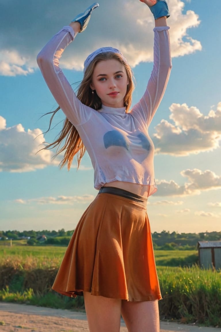 (best quality, masterpiece:1.2), style of Bo Bartlett, studio ghibli, outdoors, magical realism, translucent, volumetric lighting, dark colors, film grain, 1girl, solo, long skirt, looking at viewer, brown skirt, blue eyes, cat, shirt, sky, sunset, white shirt, orange sky, hand on headwear, orange theme, medium hair, twilight, yellow hat, parted lips, cowboy shot, hat, cloud,sun hat, smile, long sleeves, cloudy sky, skirt, wet clothes, wet hair, wet skin, wet, soaked, ,soakingwetclothes,art_booster