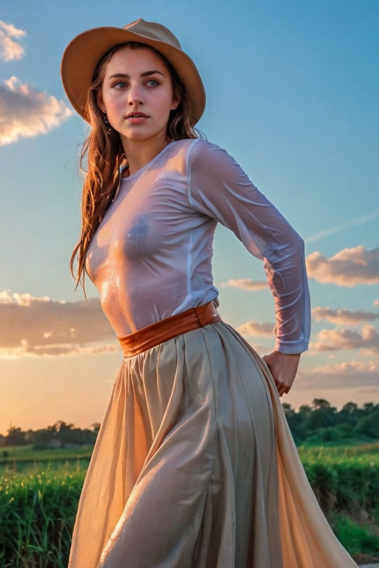 (best quality, masterpiece:1.2), style of Bo Bartlett, studio ghibli, outdoors, magical realism, translucent, volumetric lighting, dark colors, film grain, 1girl, solo, wet long skirt, looking at viewer, wet brown longskirt, blue eyes,, shirt, sky, sunset,wet white shirt, orange sky, hand on headwear, orange theme, medium hair, twilight, yellow hat, parted lips, cowboy shot, hat, cloud,sun hat, smile, long sleeves, cloudy sky,wet gypsy longskirt, wet clothes, wet hair, wet skin, wet, soaked, ,soakingwetclothes,art_booster