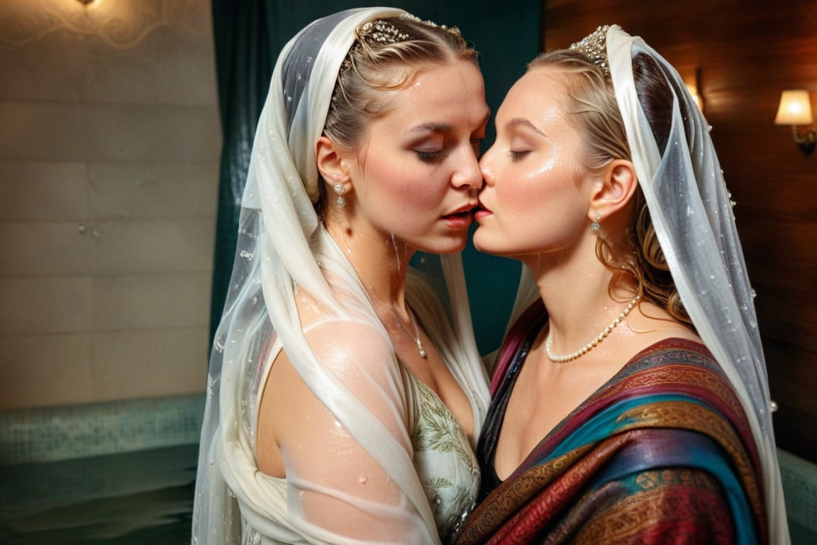 (wet clothes, wet hair, wet, wet face, wet skin, two girls kissing, shawl , wet veil, veil: 1.4 ),(60s film , two wet lesbian making out session, A sultryMedium shot ,looking to the camera,   blonde deep wet kiss (wet brunnete doris day and grace kelly a 40-year-old wet woman). embraced full wet make up, The cinematic film still captures their intimate moment as they making out, wet drindl ballgown, wet royal cloak. they embrace each other against the backdrop of a luxurious coffeshop bathed in soft daylight, submerge,  hugging, wet hair, moist face:1.2)), infused with norwegian elements. The wet dress combines intricate lace and embroidery with colorful ballgown-inspired patterns. A wide obi belt cinches her waist, while puffed sleeves and delicate accessories complete the look, showcasing a striking fusion of cultures.,ct-drago
.
, soakingwetclothes, wet clothes, wet hair,photorealistic,georgian gown,18thcentury,Georgian gown