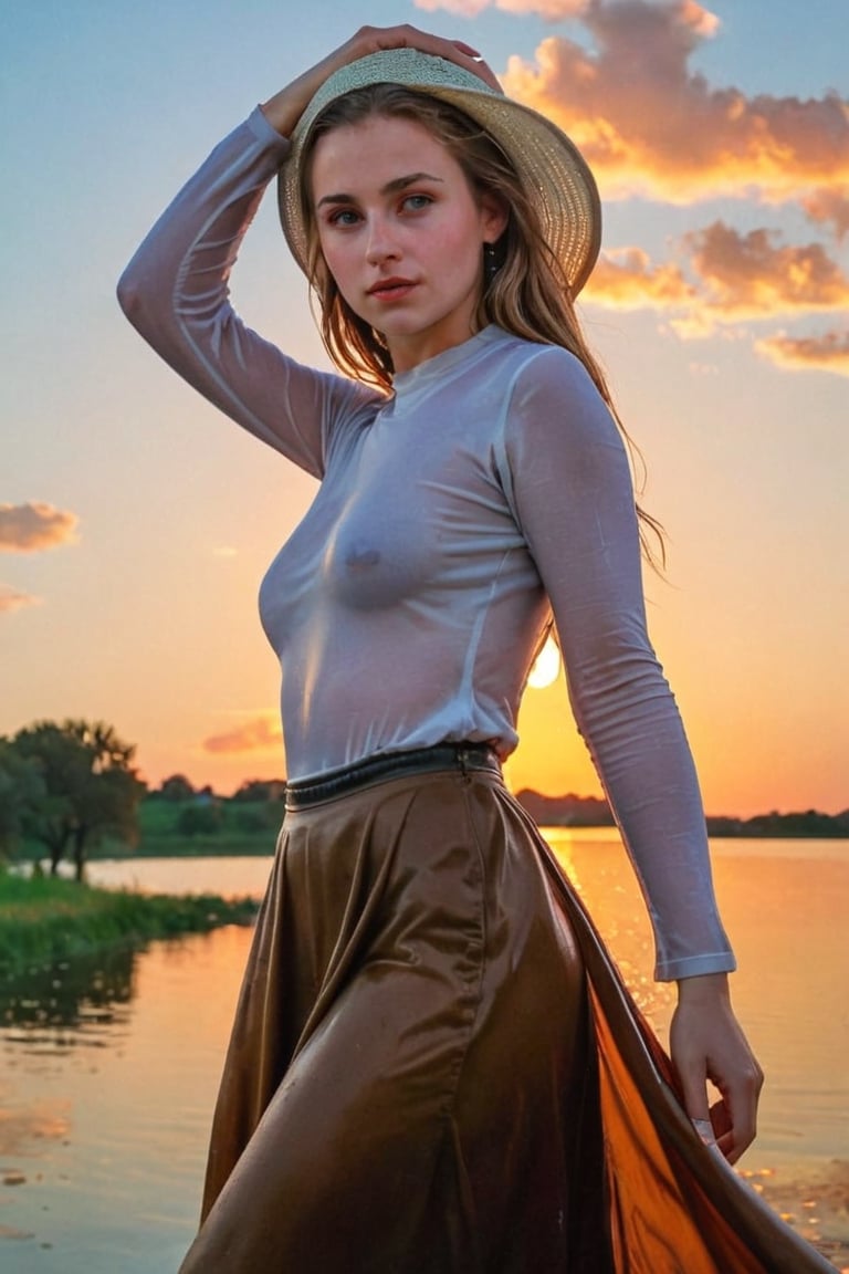 (best quality, masterpiece:1.2), style of Bo Bartlett, studio ghibli, outdoors, magical realism, translucent, volumetric lighting, dark colors, film grain, 1girl, solo, wet long skirt, looking at viewer, wet brown longskirt, blue eyes,, shirt, sky, sunset,wet white shirt, orange sky, hand on headwear, orange theme, medium hair, twilight, yellow hat, parted lips, cowboy shot, hat, cloud,sun hat, smile, long sleeves, cloudy sky,wet gypsy longskirt, wet clothes, wet hair, wet skin, wet, soaked, ,soakingwetclothes,art_booster