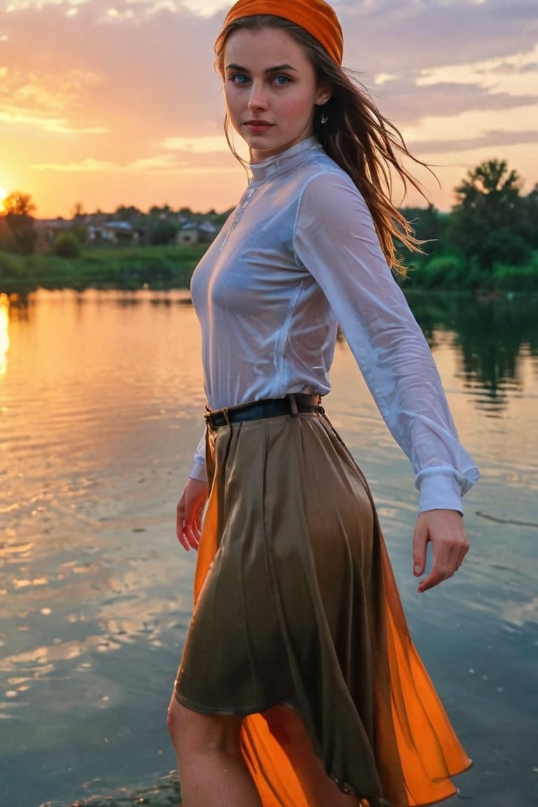 (best quality, masterpiece:1.2), style of Bo Bartlett, studio ghibli, outdoors, magical realism, translucent, volumetric lighting, dark colors, film grain, 1girl, solo, wet long skirt, looking at viewer, wet brown longskirt, blue eyes,, shirt, sky, sunset,wet white office shirt, orange sky, hand on headwear, orange theme, medium hair, twilight, yellow hat, parted lips, cowboy shot, hat, cloud,sun hat, smile, long sleeves, cloudy sky,wet gypsy longskirt, wet clothes, wet hair, wet skin, wet, soaked, ,soakingwetclothes,art_booster