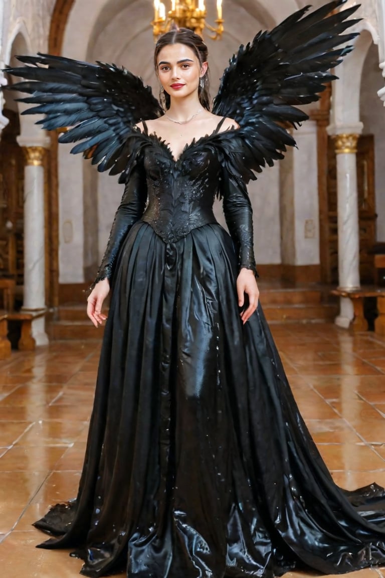 A girl wearing a long black wedding dress, church, baroque style, detailed feathers, huge wings, full body, big scene, super realistic,soakingwetclothes, wet clothes, wet hair, wet skin, wet, soaked.