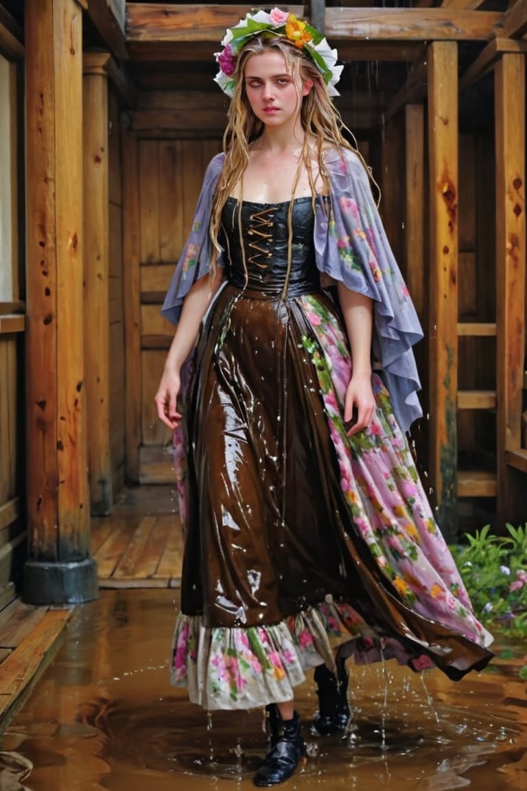 An concept art of an ethereal wet irish alchemist , portrait of a beautiful woman. .A wet girl wearing a wet floral bridalgown, a flowered hat, long wet mediaval cape. Capturing the essence of Manet's 'Spring', dripping wet hair, ,Masterpiece,Half-timbered Construction,, wet skin, wet face, wet heavy longskirt, boots,  .
(masterpiece, top quality, best quality, official art, beautiful and aesthetic:1.2), extreme detailed, highest detailed, ,Masterpiece,Color Booster,wet hair, wet heavy longskirt, boots, wet robe, layered longskirt, face focused
,soakingwetclothes,art_booster,wagasa,oil-paper,score_9,oil paint 