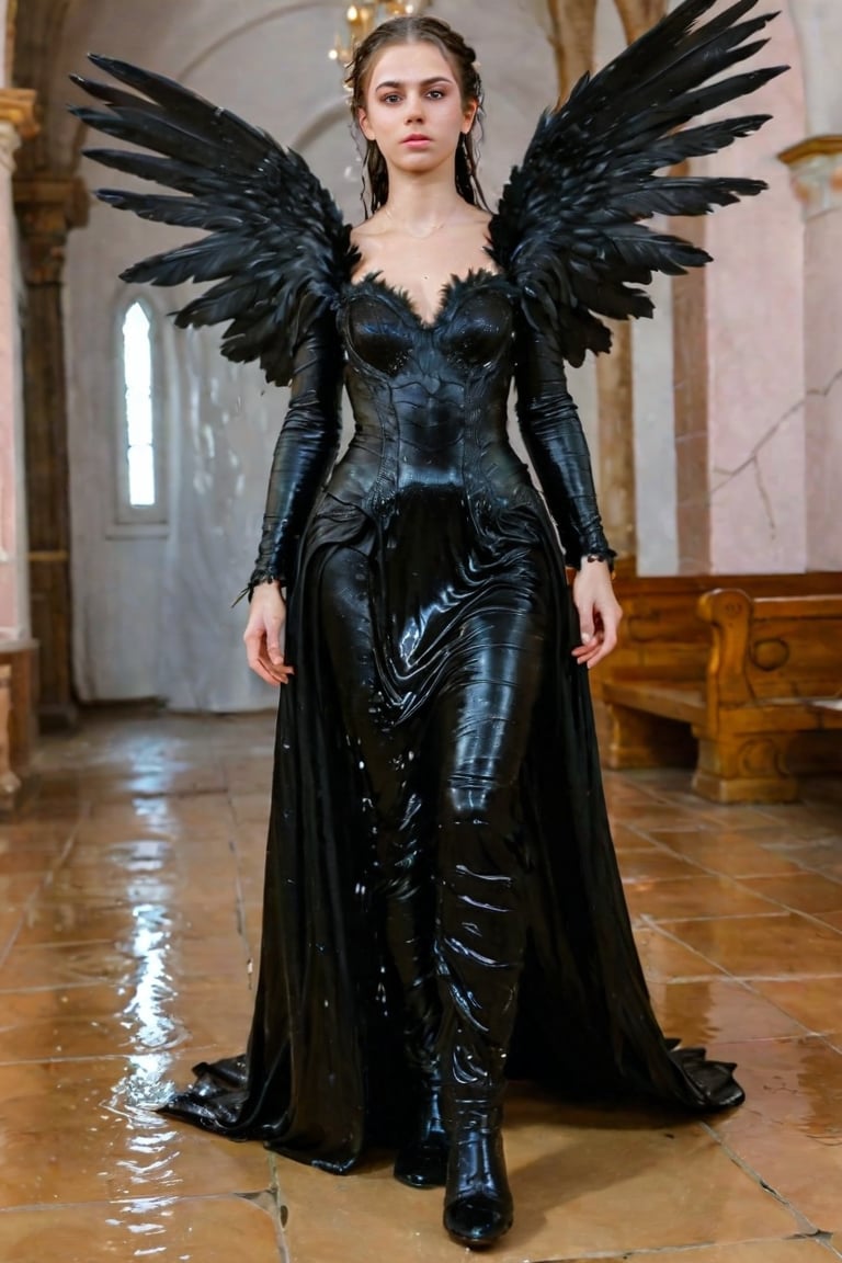 A girl wearing a long black wedding dress, church, baroque style, detailed feathers, huge wings, full body, big scene, super realistic, boots , soakingwetclothes, wet clothes, wet hair, wet skin, wet, soaked , wet face.face focused