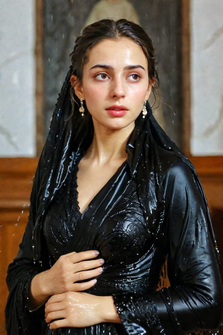 A girl wearing a long black wedding dress, church, baroque style, detailed feathers,s, big scene, super realistic, wet shawl, pakistani dress, soakingwetclothes, wet clothes, wet hair, wet skin, wet, soaked , wet face.face focused