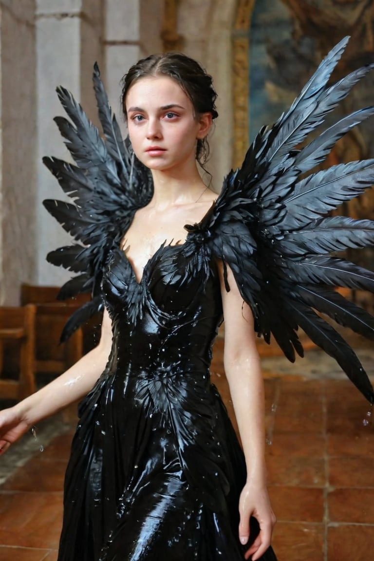 A girl wearing a long black wedding dress, church, baroque style, detailed feathers, huge wings, big scene, super realistic, soakingwetclothes, wet clothes, wet hair, wet skin, wet, soaked , wet face.face focused